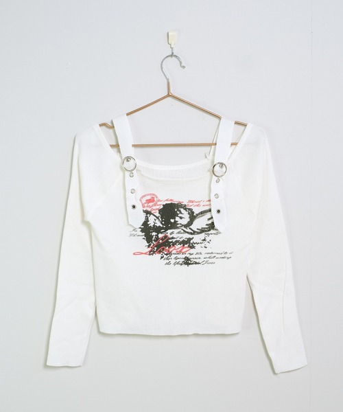 shopnikoniko（ショップニコニコ）の「ショート丈 ロンT エンジェル ベルトオフショルダー ロングTシャツ 長袖 クロップド丈（Tシャツ/カットソー・レディース・ベージュ/ホワイト/ブラック・フリー）」の19枚目の写真