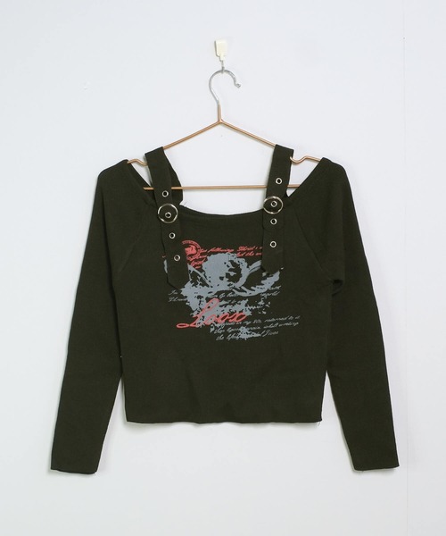 shopnikoniko（ショップニコニコ）の「ショート丈 ロンT エンジェル ベルトオフショルダー ロングTシャツ 長袖 クロップド丈（Tシャツ/カットソー・レディース・ベージュ/ホワイト/ブラック・フリー）」の21枚目の写真
