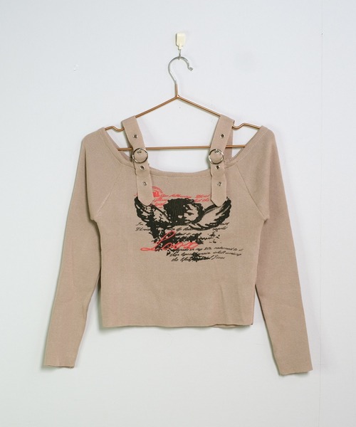 shopnikoniko（ショップニコニコ）の「ショート丈 ロンT エンジェル ベルトオフショルダー ロングTシャツ 長袖 クロップド丈（Tシャツ/カットソー・レディース・ベージュ/ホワイト/ブラック・フリー）」の20枚目の写真