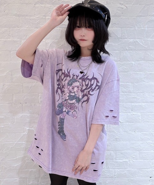 TRAVAS TOKYO（トラバス トウキョウ）の「『TRAVAS TOKYO/トラバス トーキョー』イラストプリント加工Tシャツ（Tシャツ/カットソー・レディース・ブラック/パープル・FREE）」の16枚目の写真