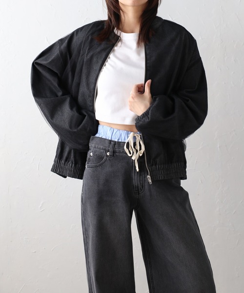 未使用級 L デニム チュール レイヤード ジャケット デニム ジャケット 人気 チュールレイヤードライトオンスデニムブルゾン（デニム