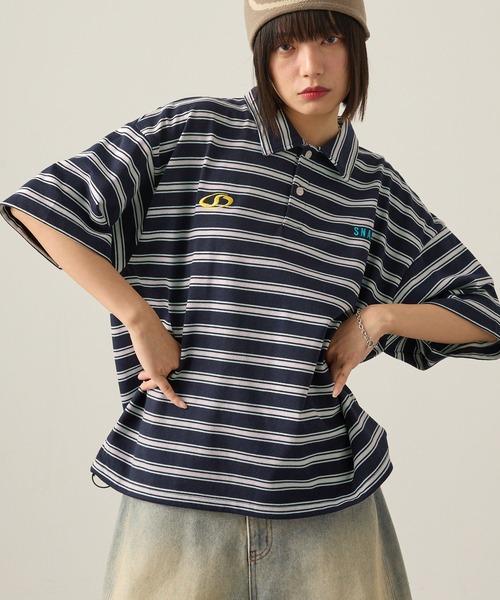 セール】【Snap club】ビッグシルエット ロゴ刺繍 ボーダー半袖