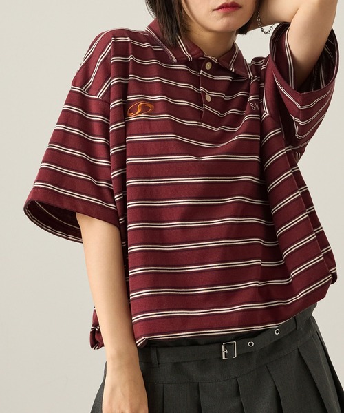 Snap club（スナップクラブ）の「【Snap club】ビッグシルエット ロゴ刺繍 ボーダー半袖ラガーポロシャツ（Tシャツ/カットソー・レディース・ネイビー/ブラック/ブルーグレー/ワイン・M/L）」の4枚目の写真
