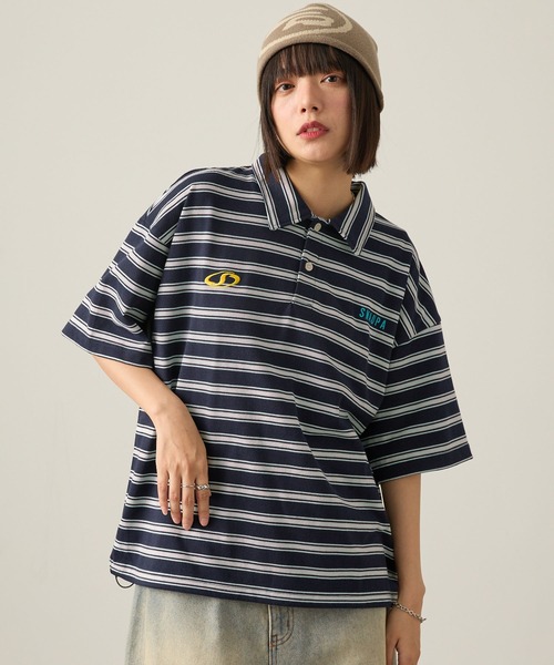 Snap club（スナップクラブ）の「【Snap club】ビッグシルエット ロゴ刺繍 ボーダー半袖ラガーポロシャツ（Tシャツ/カットソー・レディース・ネイビー/ブラック/ブルーグレー/ワイン・M/L）」の18枚目の写真