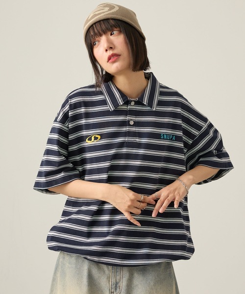 Snap club（スナップクラブ）の「【Snap club】ビッグシルエット ロゴ刺繍 ボーダー半袖ラガーポロシャツ（Tシャツ/カットソー・レディース・ネイビー/ブラック/ブルーグレー/ワイン・M/L）」の19枚目の写真