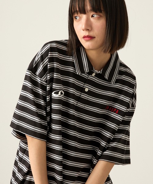 Snap club（スナップクラブ）の「【Snap club】ビッグシルエット ロゴ刺繍 ボーダー半袖ラガーポロシャツ（Tシャツ/カットソー・レディース・ネイビー/ブラック/ブルーグレー/ワイン・M/L）」の6枚目の写真