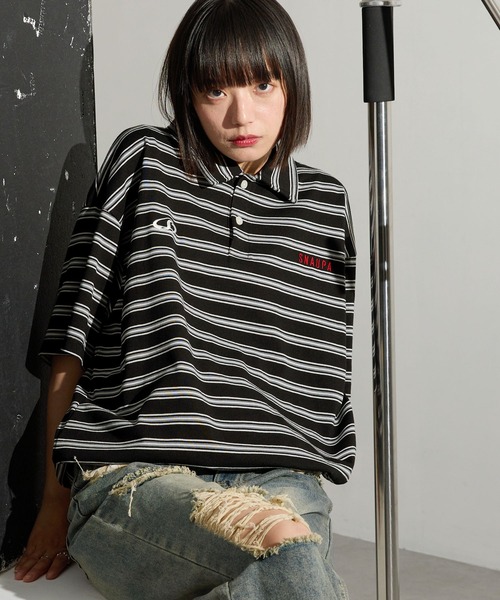 Snap club（スナップクラブ）の「【Snap club】ビッグシルエット ロゴ刺繍 ボーダー半袖ラガーポロシャツ（Tシャツ/カットソー・レディース・ネイビー/ブラック/ブルーグレー/ワイン・M/L）」の7枚目の写真