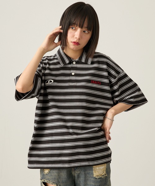 Snap club（スナップクラブ）の「【Snap club】ビッグシルエット ロゴ刺繍 ボーダー半袖ラガーポロシャツ（Tシャツ/カットソー・レディース・ネイビー/ブラック/ブルーグレー/ワイン・M/L）」の8枚目の写真