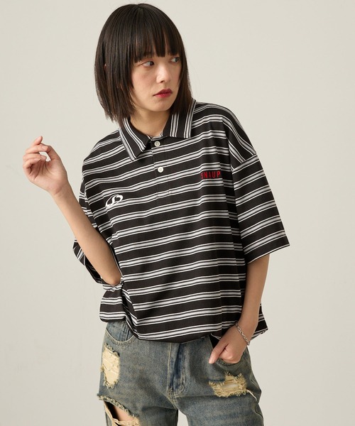 Snap club（スナップクラブ）の「【Snap club】ビッグシルエット ロゴ刺繍 ボーダー半袖ラガーポロシャツ（Tシャツ/カットソー・レディース・ネイビー/ブラック/ブルーグレー/ワイン・M/L）」の9枚目の写真