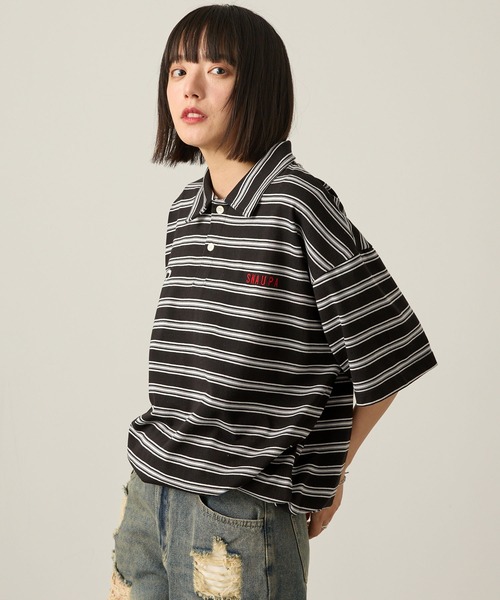 Snap club（スナップクラブ）の「【Snap club】ビッグシルエット ロゴ刺繍 ボーダー半袖ラガーポロシャツ（Tシャツ/カットソー・レディース・ネイビー/ブラック/ブルーグレー/ワイン・M/L）」の11枚目の写真