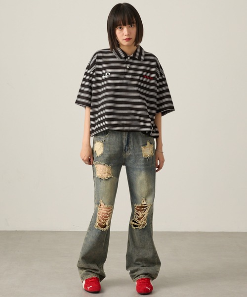 Snap club（スナップクラブ）の「【Snap club】ビッグシルエット ロゴ刺繍 ボーダー半袖ラガーポロシャツ（Tシャツ/カットソー・レディース・ネイビー/ブラック/ブルーグレー/ワイン・M/L）」の13枚目の写真