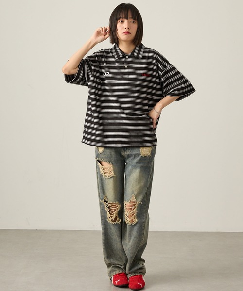 Snap club】ビッグシルエット ロゴ刺繍 ボーダー半袖ラガーポロシャツ