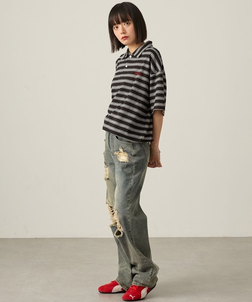 Snap club（スナップクラブ）の「【Snap club】ビッグシルエット ロゴ刺繍 ボーダー半袖ラガーポロシャツ（Tシャツ/カットソー・レディース・ネイビー/ブラック/ブルーグレー/ワイン・M/L）」の15枚目の写真