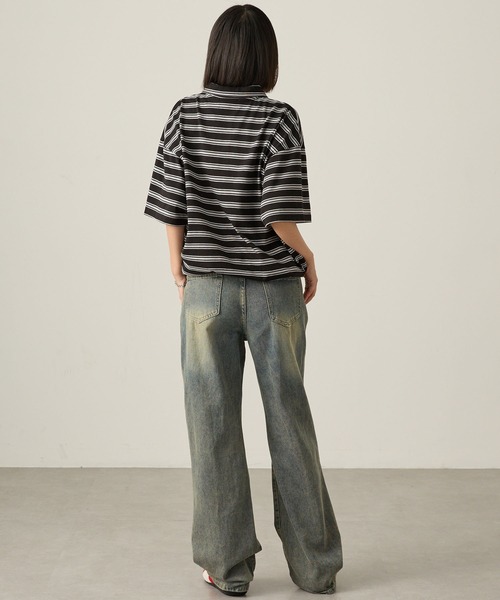 Snap club（スナップクラブ）の「【Snap club】ビッグシルエット ロゴ刺繍 ボーダー半袖ラガーポロシャツ（Tシャツ/カットソー・レディース・ネイビー/ブラック/ブルーグレー/ワイン・M/L）」の16枚目の写真