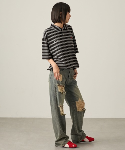 Snap club（スナップクラブ）の「【Snap club】ビッグシルエット ロゴ刺繍 ボーダー半袖ラガーポロシャツ（Tシャツ/カットソー・レディース・ネイビー/ブラック/ブルーグレー/ワイン・M/L）」の17枚目の写真