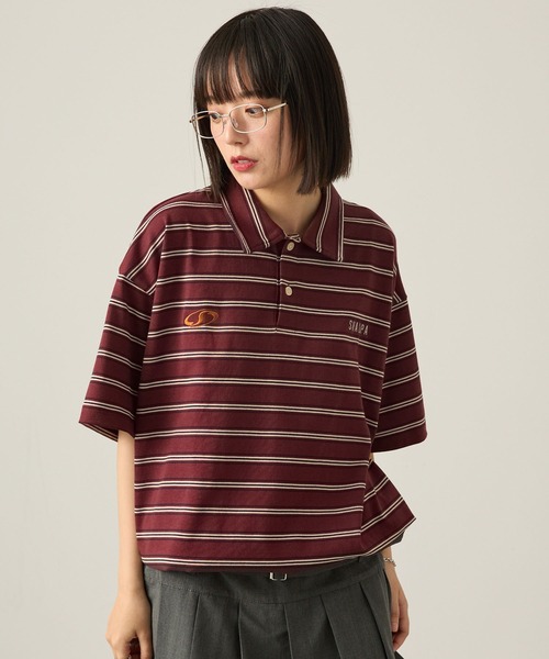Snap club】ビッグシルエット ロゴ刺繍 ボーダー半袖ラガー