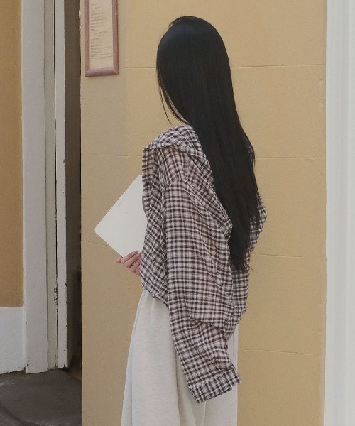 BEIDELLI（ベイデリー）の「[MADE] フード付きサマーチェックシャツ（シャツ/ブラウス・レディース・ブラウン/ネイビー/ブラック・FREE）」の3枚目の写真