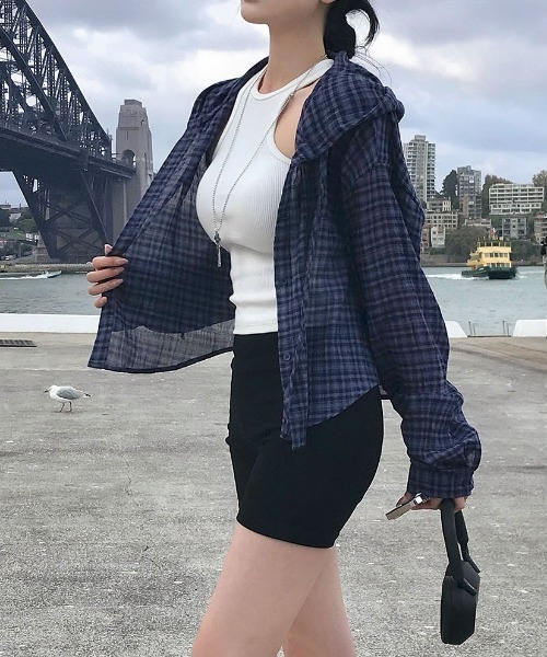 BEIDELLI（ベイデリー）の「[MADE] フード付きサマーチェックシャツ（シャツ/ブラウス・レディース・ブラウン/ネイビー/ブラック・FREE）」の8枚目の写真