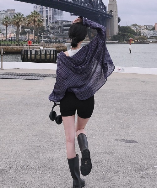 BEIDELLI（ベイデリー）の「[MADE] フード付きサマーチェックシャツ（シャツ/ブラウス・レディース・ブラウン/ネイビー/ブラック・FREE）」の5枚目の写真