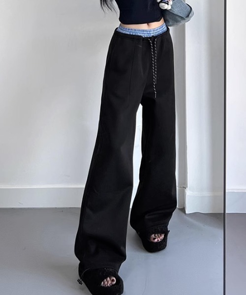 Teem Store(チームストア)の「ウエストギンガムチェックレイヤードワイドスウェットパンツ(スウェットパンツ・レディース・グレー/ブラック/ネイビー・M/L)」の7枚目の写真