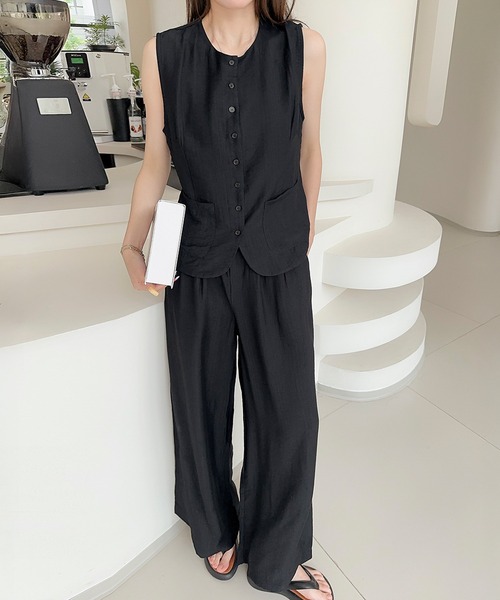 LOWO（ロワ）の「ノースリーブジレ・ワイドパンツ セットアップ 上下セット（セットアップ・レディース・ベージュ/ブラック/ホワイト・FREE）」の5枚目の写真