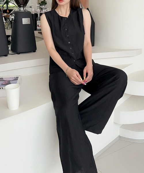 LOWO（ロワ）の「ノースリーブジレ・ワイドパンツ セットアップ 上下セット（セットアップ・レディース・ベージュ/ブラック/ホワイト・FREE）」の6枚目の写真