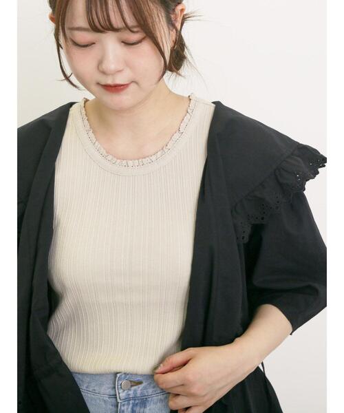 Samansa Mos2（サマンサ モスモス）の「エッジレーステレコノースリ（Tシャツ/カットソー・レディース・ベージュ/チャコールグレー/オフホワイト・F）」の4枚目の写真