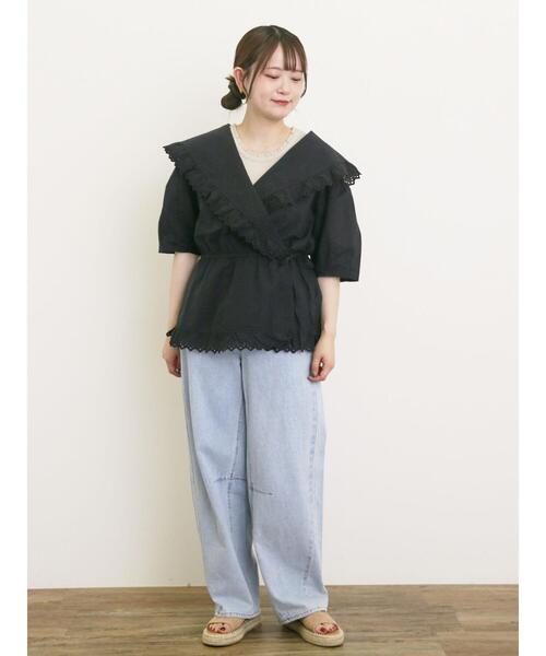 Samansa Mos2（サマンサ モスモス）の「エッジレーステレコノースリ（Tシャツ/カットソー・レディース・ベージュ/チャコールグレー/オフホワイト・F）」の5枚目の写真