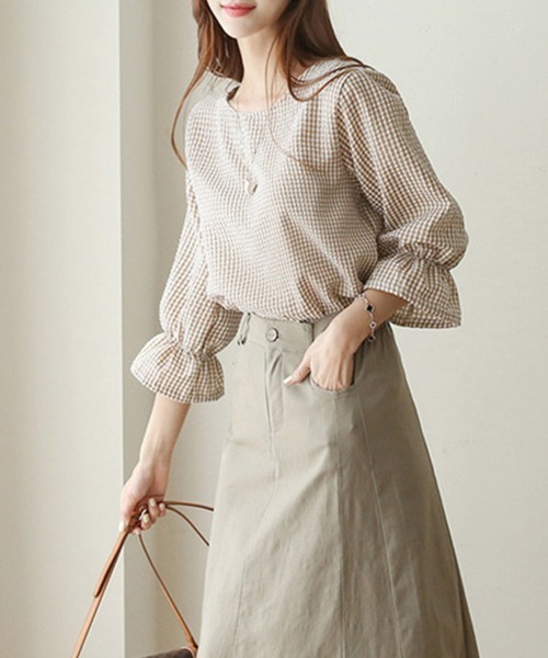 ONEP STAR(ワンピスター)の「七分袖フリルデザインギンガムチェックブラウス(シャツ/ブラウス・レディース・ネイビー/ブラウン/ブラック・FREE)」の13枚目の写真