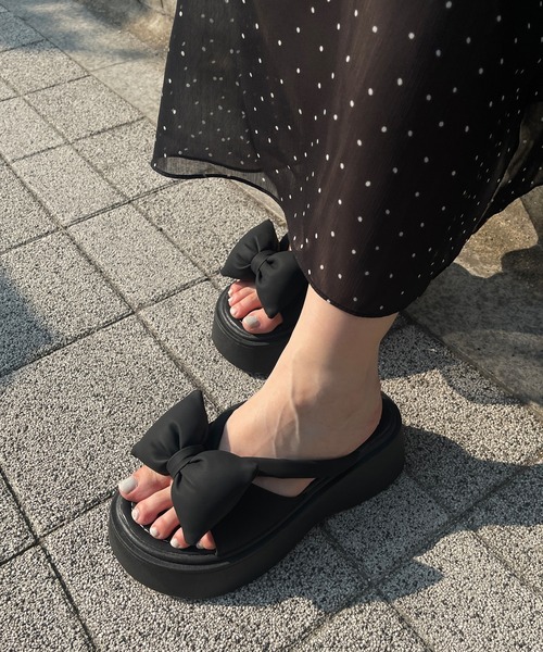 身長アップ7㎝厚底インソール】ボリュームリボンスリッパ