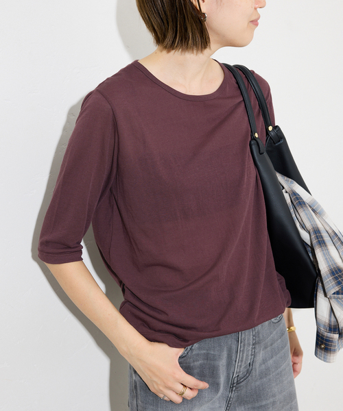 SLOBE IENA（スローブイエナ）の「《追加》シアー天竺5分袖Tシャツ（Tシャツ/カットソー・レディース・ブラウン/ネイビー/カーキ/その他4・FREE）」の6枚目の写真