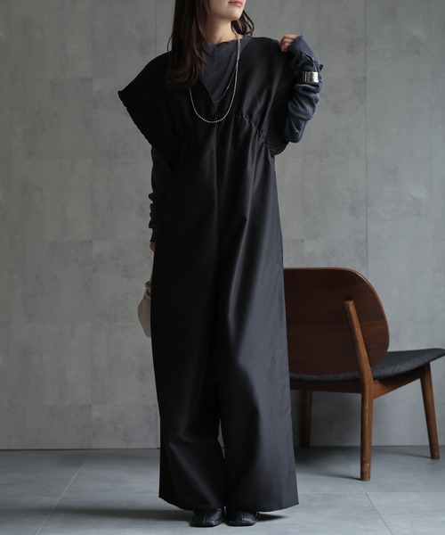 シャーリングオールインワン シャーリングオールインワン シャーリングフリルオールインワン