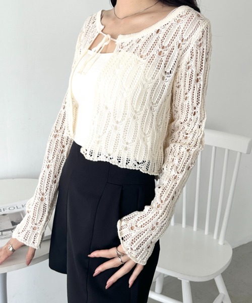wears(ウェアーズ)の「フロントリボンかぎ編みショートボレロカーディガン(Tシャツ/カットソー・レディース・ブラック/ホワイト/ブルー/アイボリー・FREE)」の5枚目の写真