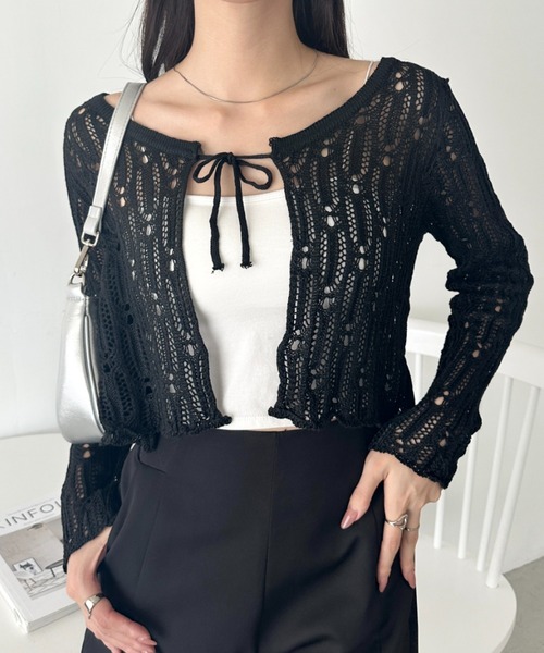 wears(ウェアーズ)の「フロントリボンかぎ編みショートボレロカーディガン(Tシャツ/カットソー・レディース・ブラック/ホワイト/ブルー/アイボリー・FREE)」の7枚目の写真