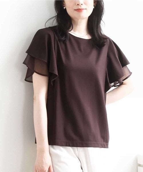 OFUON le MK（オフオンルエムケー）の「ティアードフリルスリーブカットソー/UVカット/接触冷感/洗える/WEB限定サイズあり（Tシャツ/カットソー・レディース・ライトブルー/アイボリー/ブラウン・38/36）」の3枚目の写真