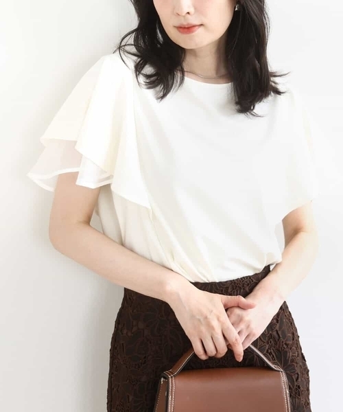 OFUON le MK（オフオンルエムケー）の「ティアードフリルスリーブカットソー/UVカット/接触冷感/洗える/WEB限定サイズあり（Tシャツ/カットソー・レディース・ライトブルー/アイボリー/ブラウン・38/36）」の2枚目の写真