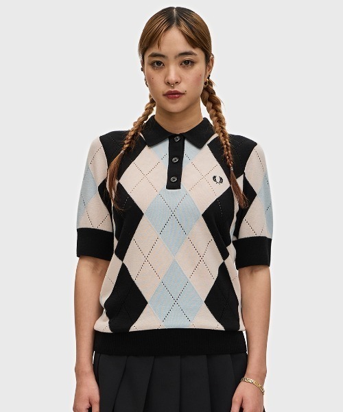 セール】Argyle Pointelle Knitted Polo Shirt／アーガイルニット