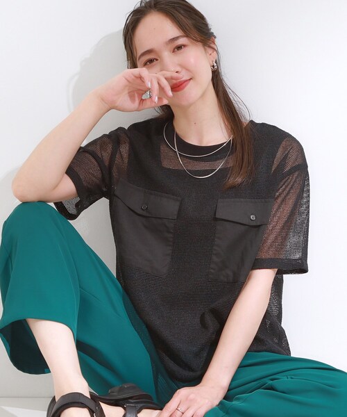 DRESKIP（ドレスキップ）の「【S-LL】メッシュ素材で大人ヘルシー ポケット付きデザイントップス（Tシャツ/カットソー・レディース・オフホワイト/ブラック・04/03/02/01）」の2枚目の写真