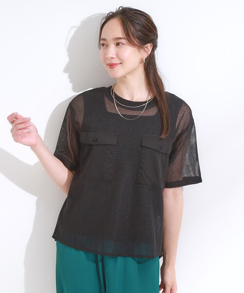 DRESKIP（ドレスキップ）の「【S-LL】メッシュ素材で大人ヘルシー ポケット付きデザイントップス（Tシャツ/カットソー・レディース・オフホワイト/ブラック・04/03/02/01）」の7枚目の写真