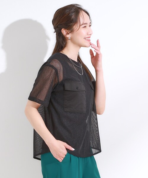 DRESKIP（ドレスキップ）の「【S-LL】メッシュ素材で大人ヘルシー ポケット付きデザイントップス（Tシャツ/カットソー・レディース・オフホワイト/ブラック・04/03/02/01）」の8枚目の写真