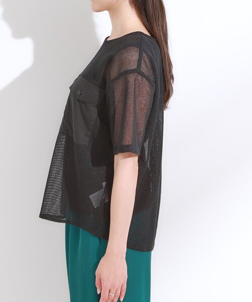 DRESKIP（ドレスキップ）の「【S-LL】メッシュ素材で大人ヘルシー ポケット付きデザイントップス（Tシャツ/カットソー・レディース・オフホワイト/ブラック・04/03/02/01）」の12枚目の写真