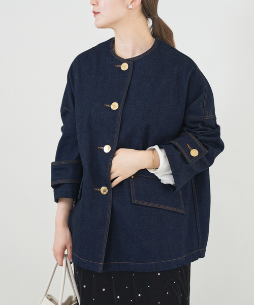 IENA（イエナ）の「MACKINTOSH/マッキントッシュ 別注 HUMBIE DENIM JACKET ノーカラーコート（ノーカラーコート・レディース・ネイビー・FREE）」の8枚目の写真