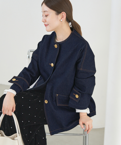 IENA（イエナ）の「MACKINTOSH/マッキントッシュ 別注 HUMBIE DENIM JACKET ノーカラーコート（ノーカラーコート・レディース・ネイビー・FREE）」の13枚目の写真