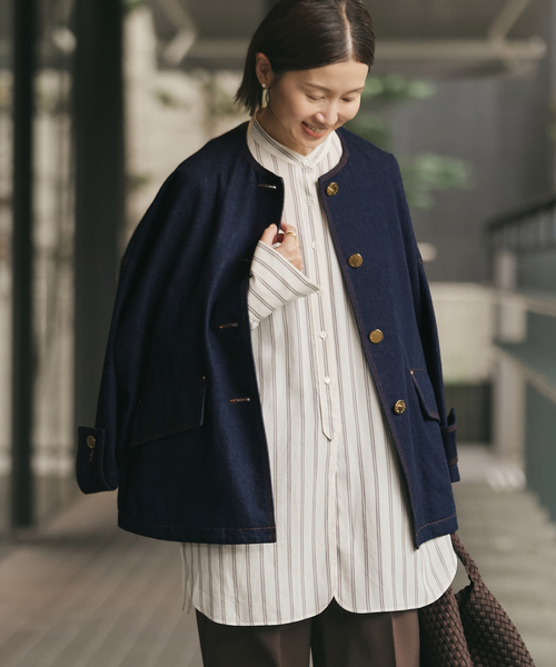 IENA（イエナ）の「MACKINTOSH/マッキントッシュ 別注 HUMBIE DENIM JACKET ノーカラーコート（ノーカラーコート・レディース・ネイビー・FREE）」の19枚目の写真