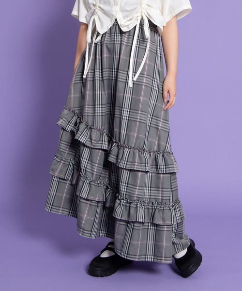 PUNYUS（プニュズ）の「アシンメトリーチェックフリルロングスカート（スカート・レディース・グレー/ベージュ/レッド・4/3/2/1）」の7枚目の写真