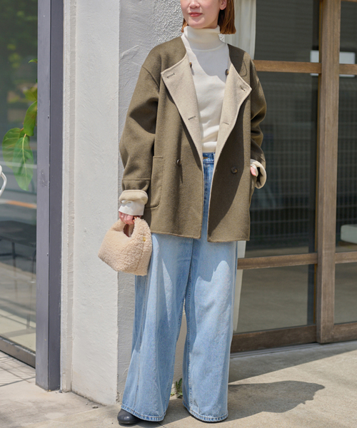 セール】《新色》リバーシブルノーカラーショートコート（ノーカラー