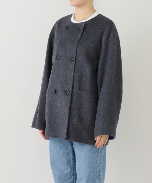 新色》リバーシブルノーカラーショートコート（ノーカラーコート