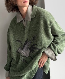 ダークグリーン ニットセーター ロゴ入り ニット/セーター（グリーン・カーキ/緑色系・前面プリント