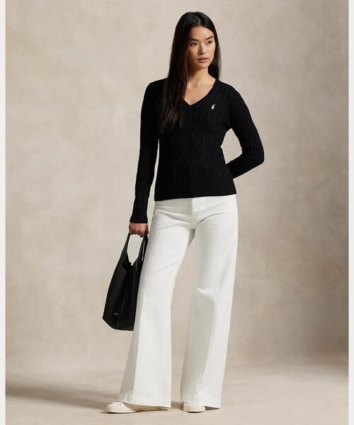 ケーブルニット コットン Vネック セーター（ニット/セーター）｜POLO