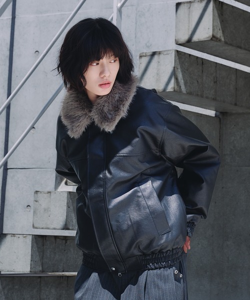 Adoon plain 2WAYフェイクファー合皮ブルゾン Mサイズ ブラック Adoon plain（アドーンプレーン）の「2-WAY ARTIFICIAL GRAIN JACKET